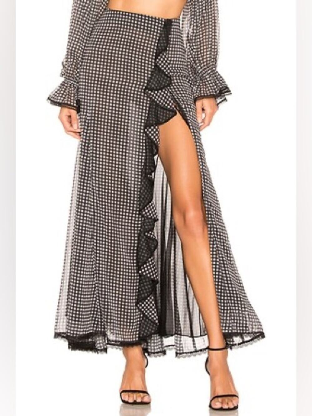 Johnathon Simkhai gingham ruffle slit maxi skirt size medium